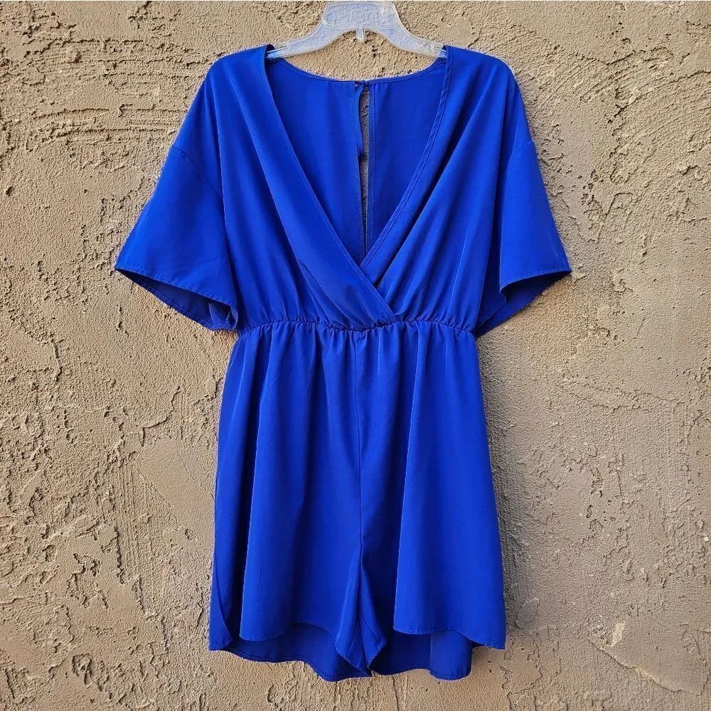 Shein Curve Royal Blue Deep V-Neck Short Sleeve Romper Size 1XL